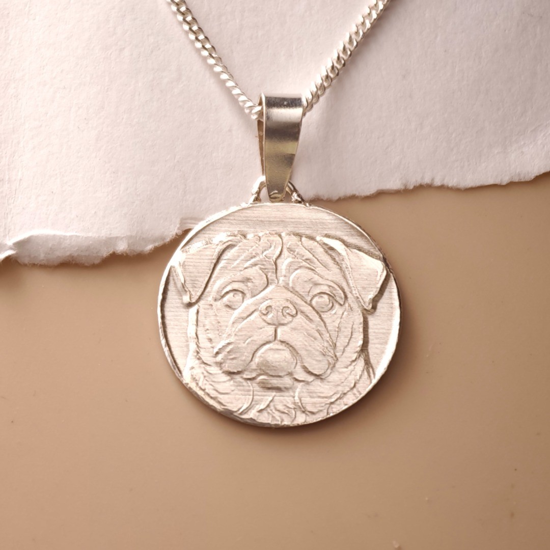 Pug Dog Necklace Sterling Silver Engraved Pet Lover Gift Handmade UK Personalise