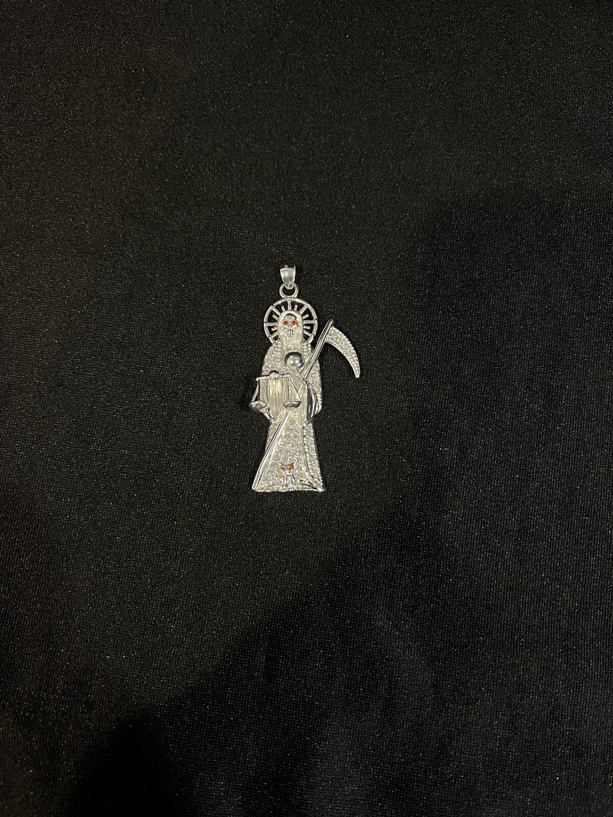 925 Sterling Silver Mens Womens CZ Santa Muerte Grim Reaper Holy Death Pendant