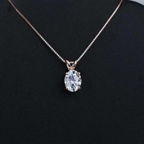 2Ct Oval Cut Real Moissanite Solitaire Pendent 14k Rose Gold Plated