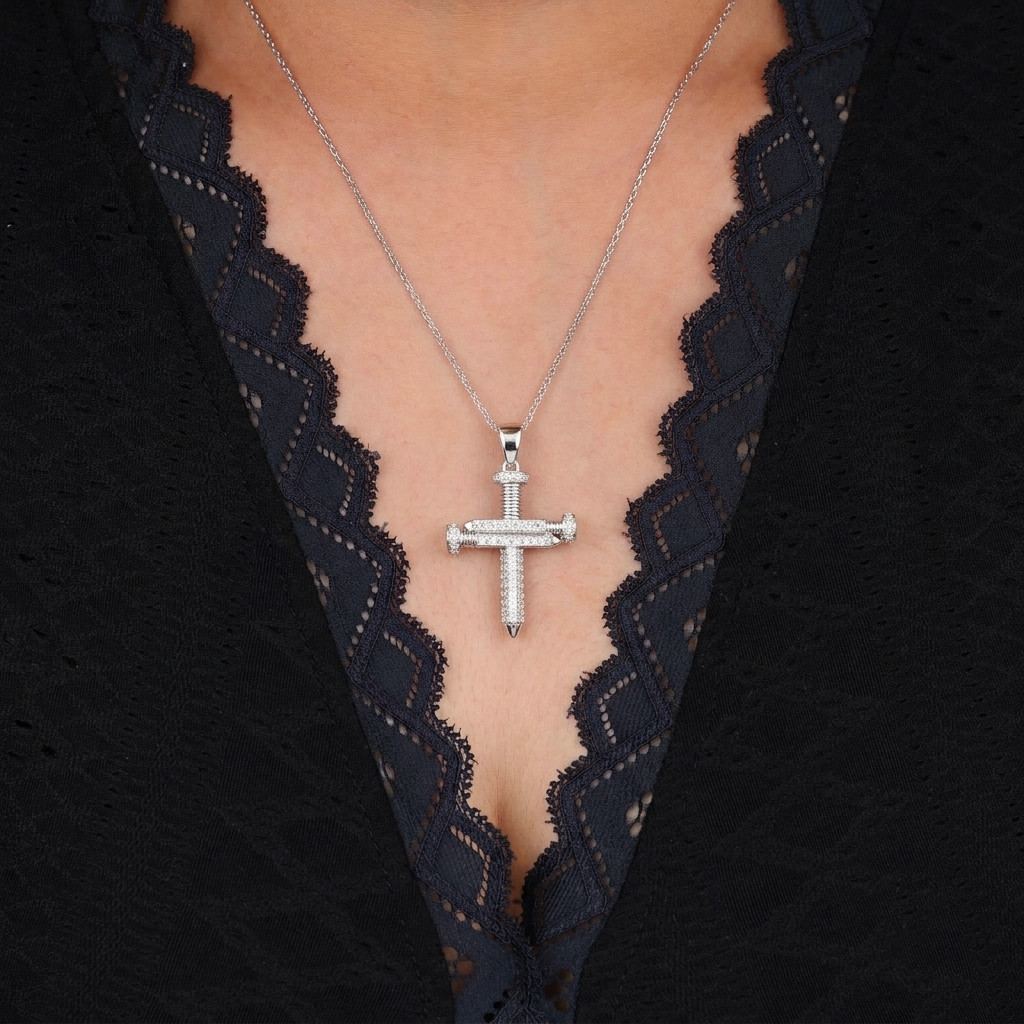 0.60 CT E-F/VVS Round Lab Grown Diamond 14K Gold Engagement Nail Cross Pendant