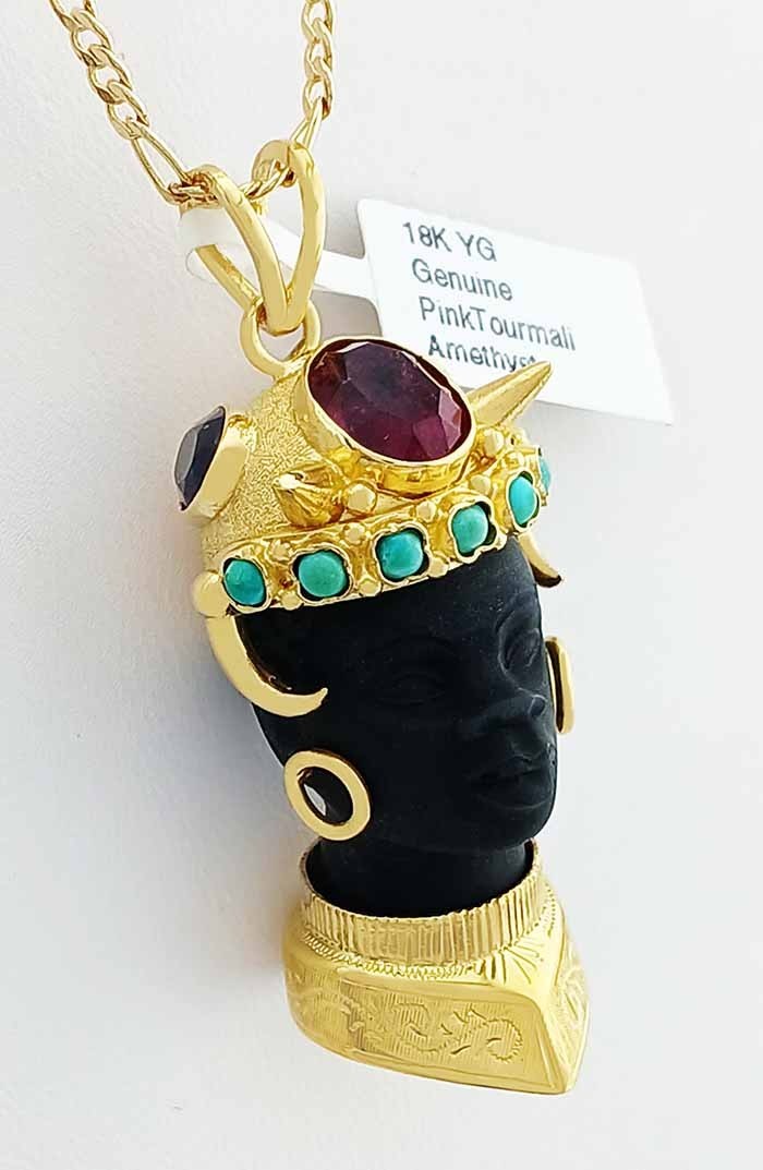GENUINE PINK TOURMALINE, TURQUOISE & AMETHYST PENDANT SOLID 18k GOLD – NWT