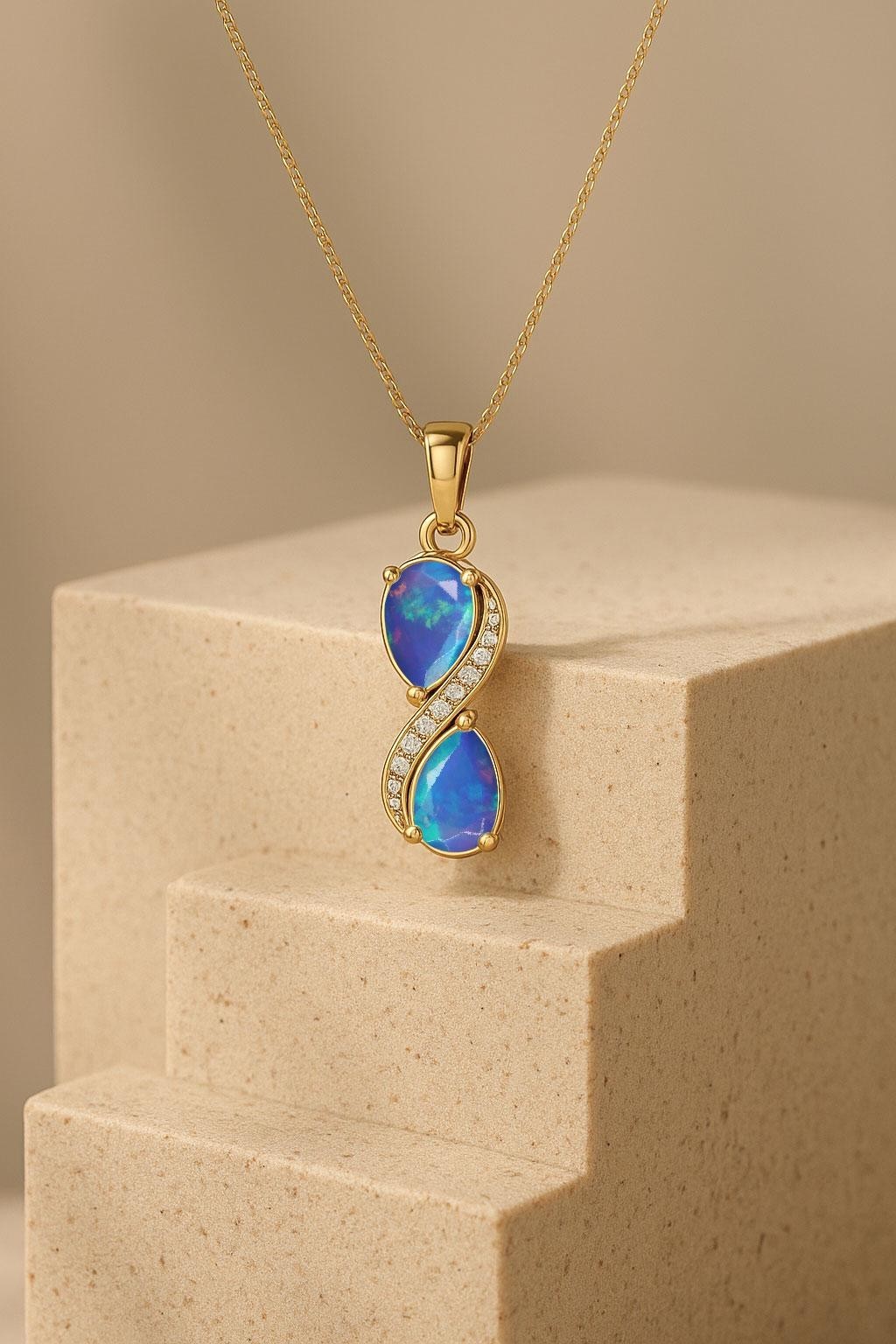 Fire Blue Opal Dual Pear Gemstone Charm Gold Pendant, Genuine Opal Chain Pendant