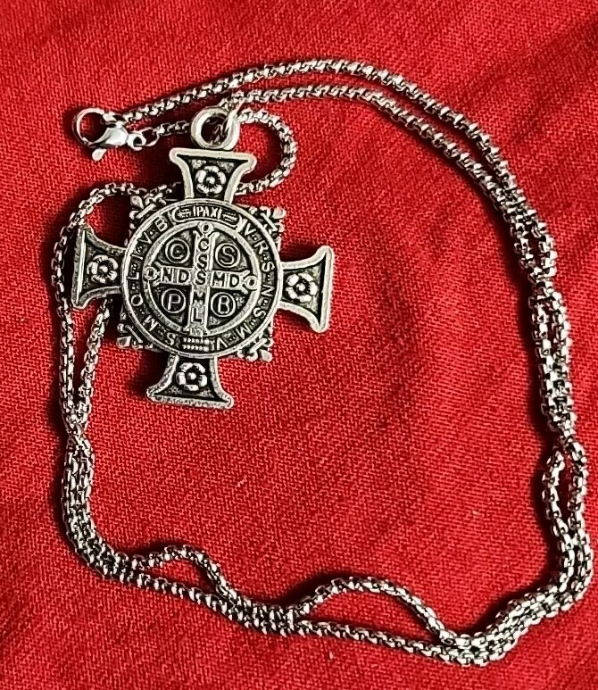 SILVER PLATED SAINT BENEDICT BMedal Cross Pendant on 22 In Chain FREE SHIPPING