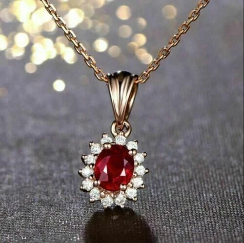 Oval Cut Lab Created Red Ruby Womens Pendant with Chain 14K Yellow Gold Plated