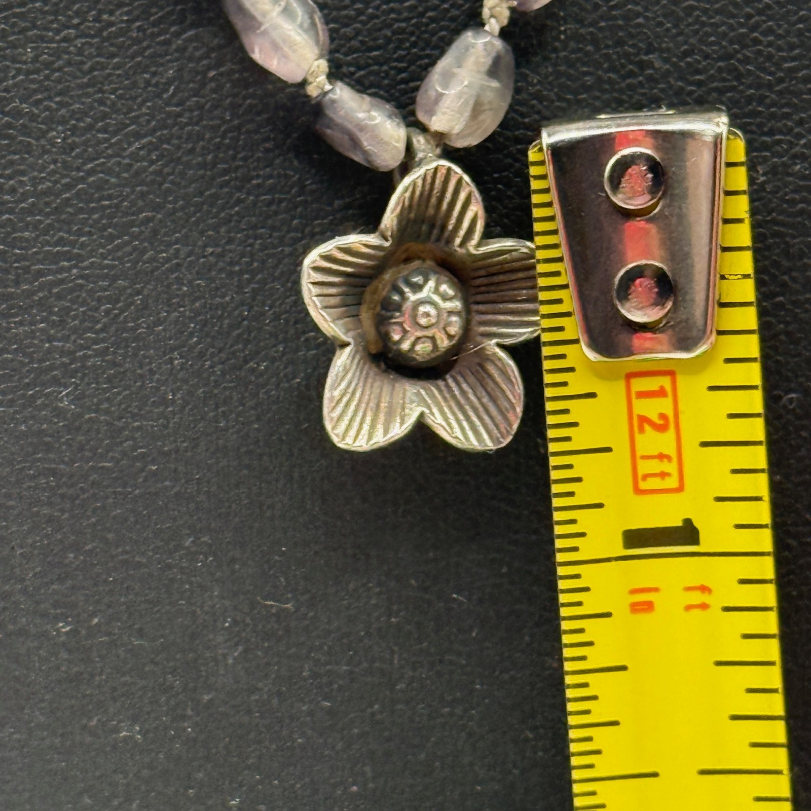 Vintage Grey Smokey Beaded Necklace 925 Sterling Silver Flower Pendant Boho Goth
