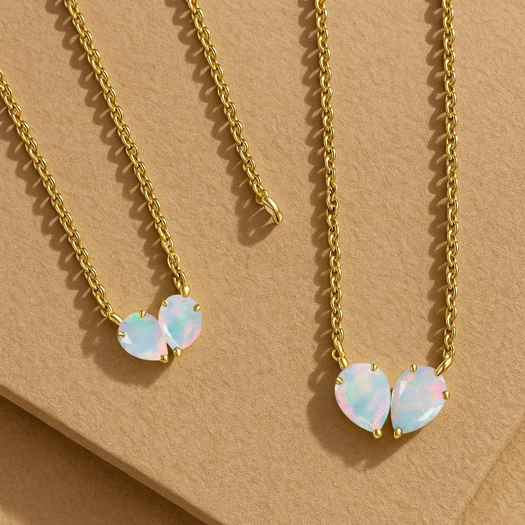 AAA White Opal Dual Pear Gemstone Necklace, Ethiopian Opal Gold Chain Pendant