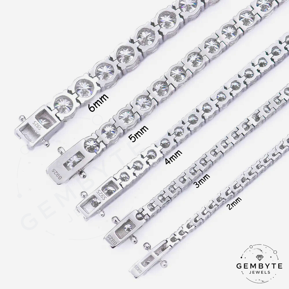 Real Moissanite Tennis Chain 925 Sterling Silver VVS D Color 2mm-6mm Mens Women