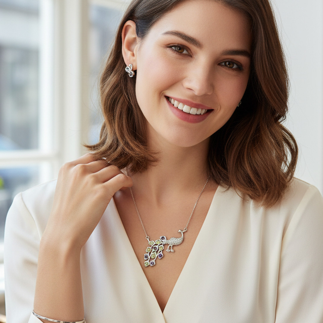 Amethyst Peridot & White Topaz Peacock Necklace Bird Pendant For Women