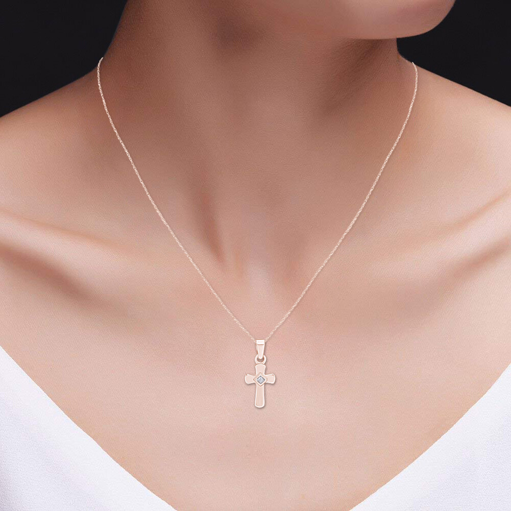 Sterling Silver Diamond Cross Pendant Necklace With Chain 16″