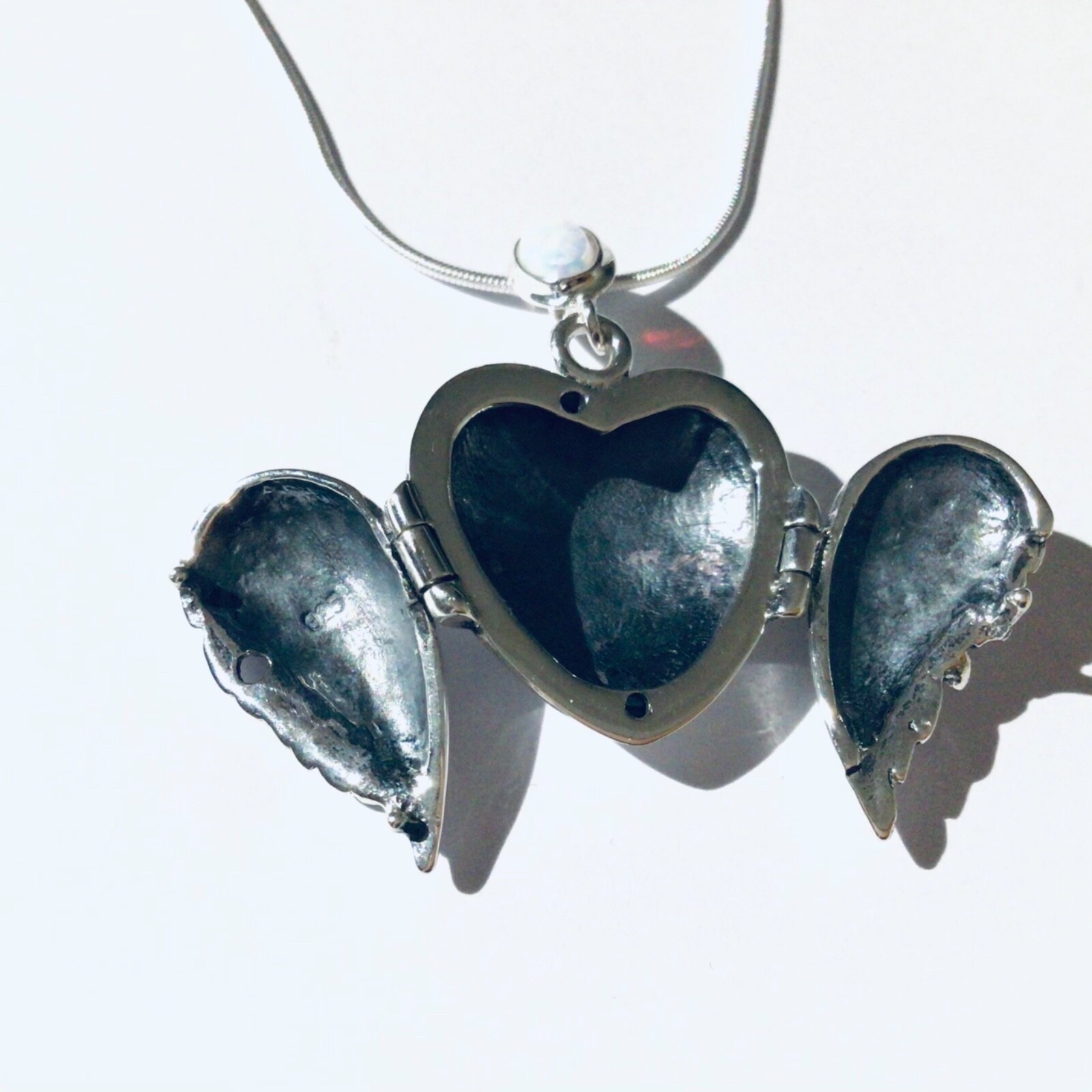Sterling Silver Fire Opal guardian angel wings Love Heart photo Prayer locket