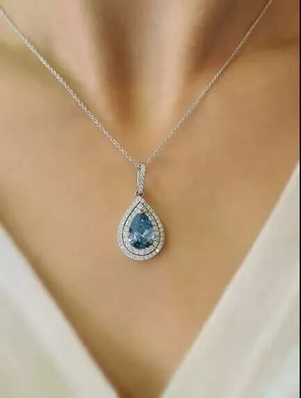 14K White Gold Plated 2.00Ct Pear Cut Lab Created Topaz Halo Pendant Necklace