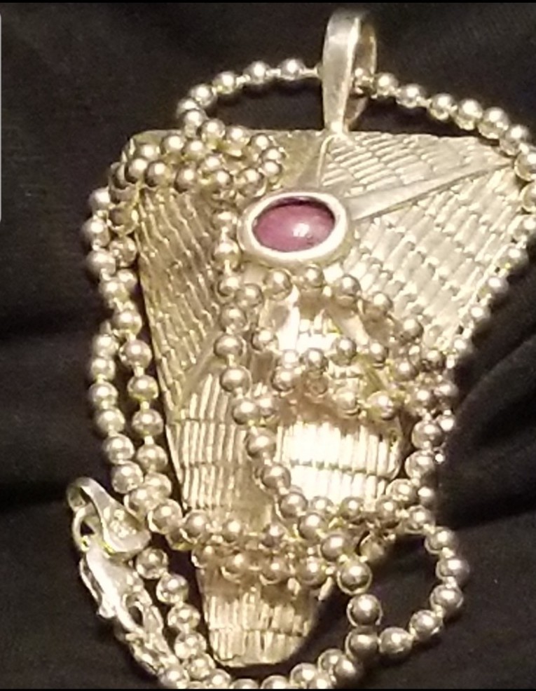 WES WILLIE Signed Pendant,.925 Silver Chain Hammered Pyramid All Seeing Red Ruby
