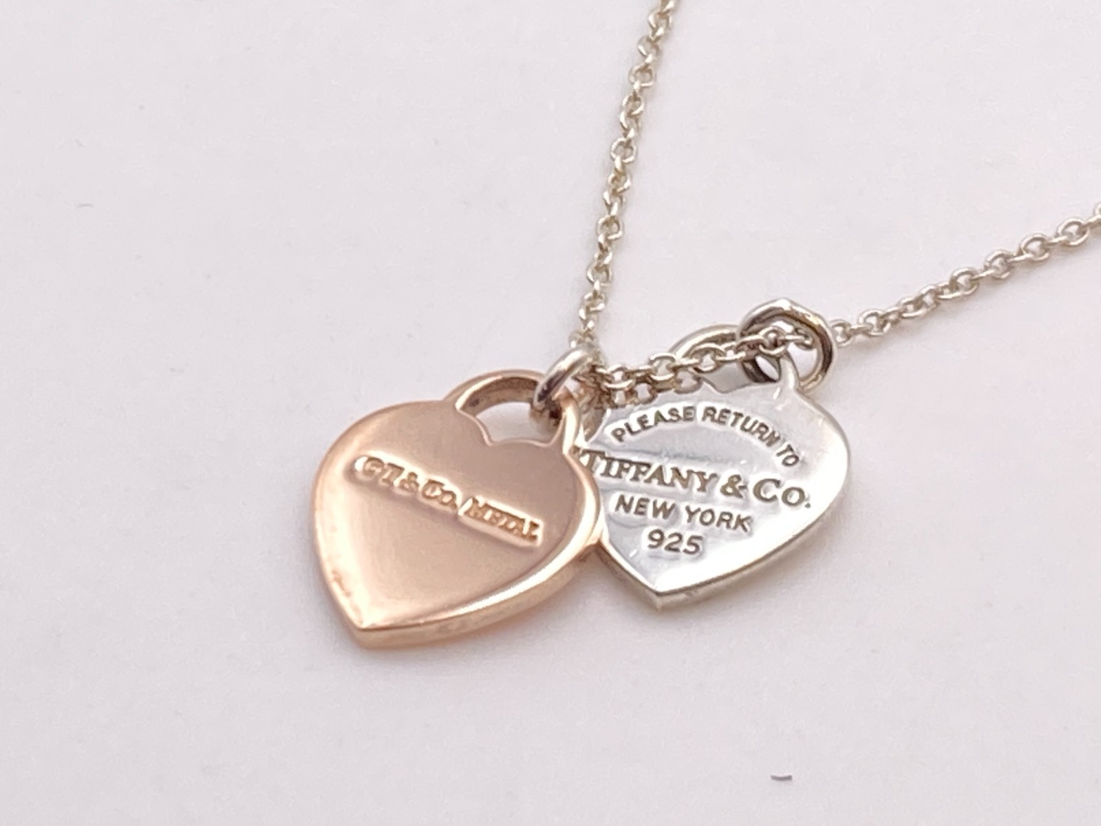 Tiffany & Co. Return to Round Duo Heart Rubedo Metal Necklace Silve 16″ 2.9g