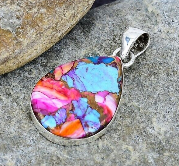 Pink Dahlia Turquoise Spiny Oyster Gemstone 925 Sterling Silver Handmade Pendant