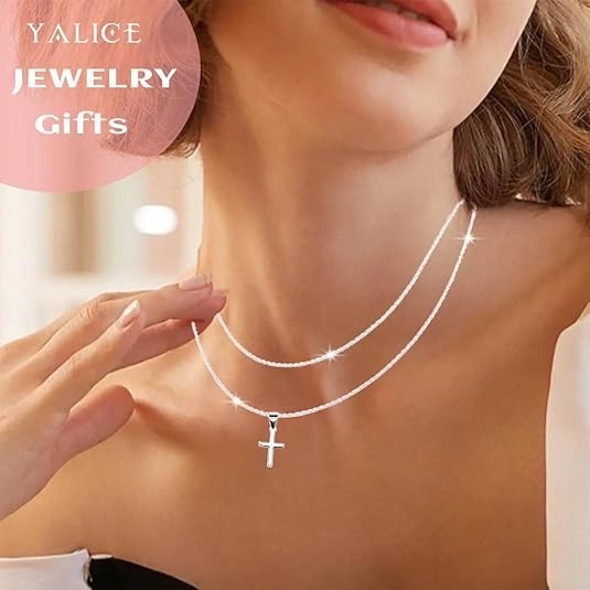 925 Sterling Silver Sparkly Necklace Layered Dainty Chain Necklace Silver Cross