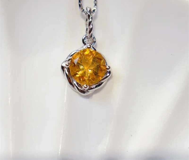 Yellow Citrine Pendant Necklace 6mm 925 Sterling Silver Natural Citrine