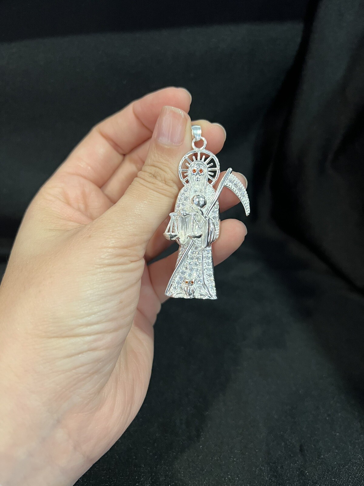 925 Sterling Silver Mens Womens CZ Santa Muerte Grim Reaper Holy Death Pendant