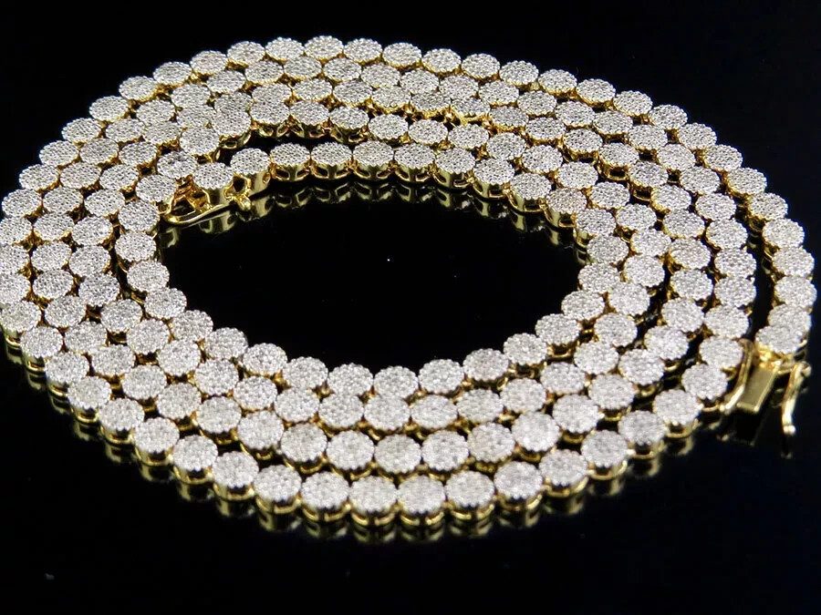 Mens 10K Yellow Gold 1 Row Cluster 7 CT. Natural Diamond Chain Necklace 30″in