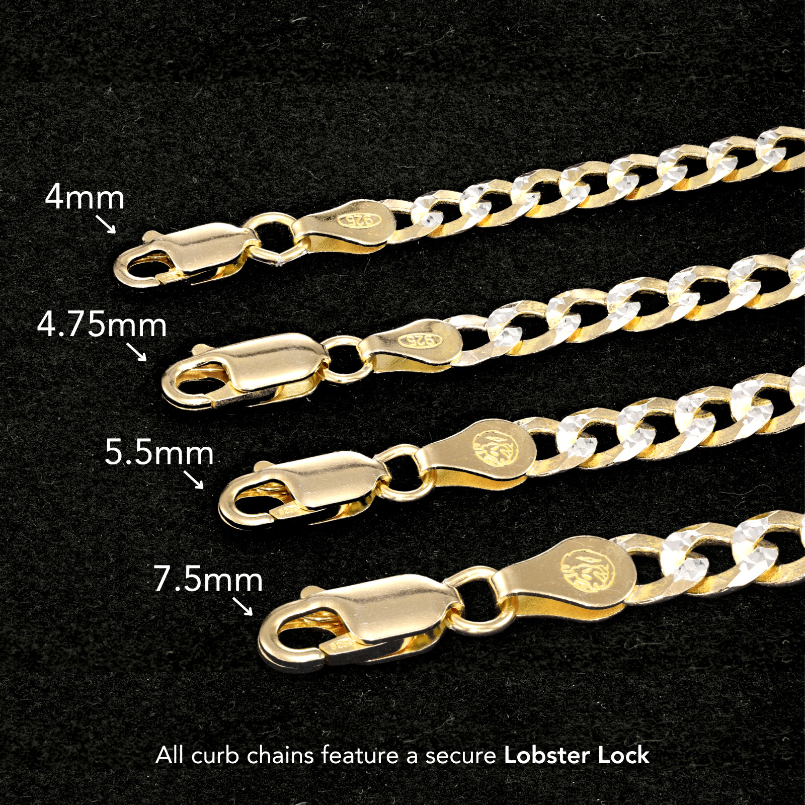 Two-Tone Gold 4mm-7.5mm Curb Chain Italian Necklace 18″-26″ 925 Sterling Silver
