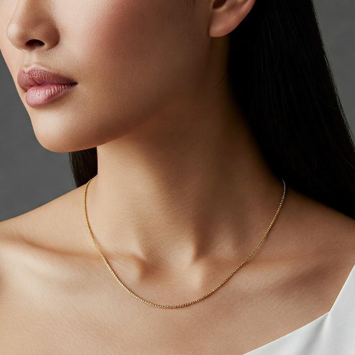 10K Real Solid Yellow Gold 1mm Thin Dainty Box Chain Italian Necklace 16″-18″