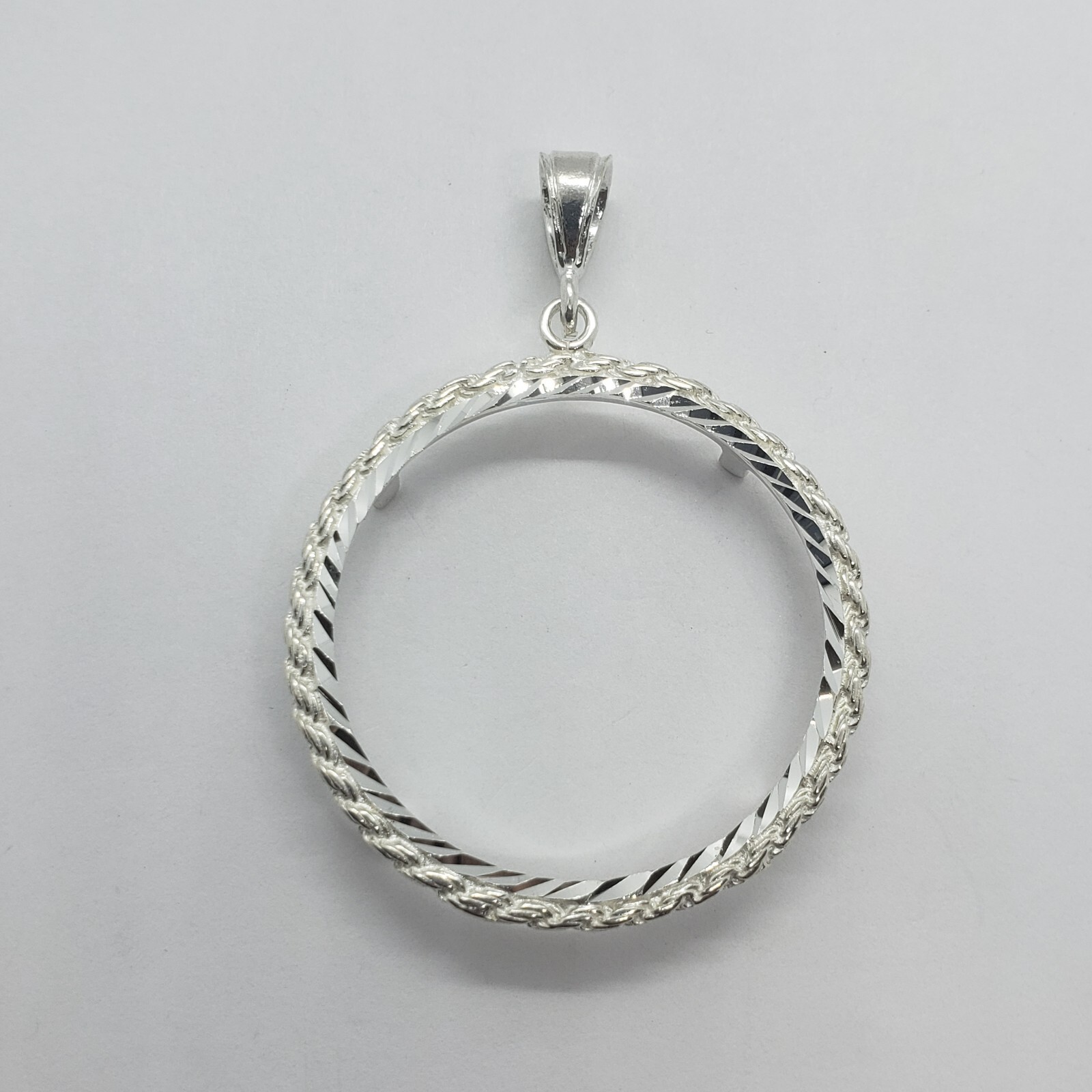 Sterling Silver Dollar Coin Rope Bezel 38 mm Coins Prong Back Diamond Cut Shiny