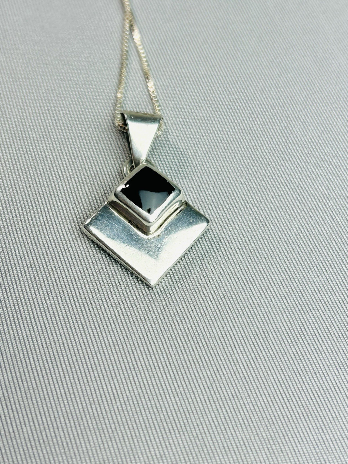 Sterling Silver And Black Geometric Pendant With Chain Necklace .925 Jewelry