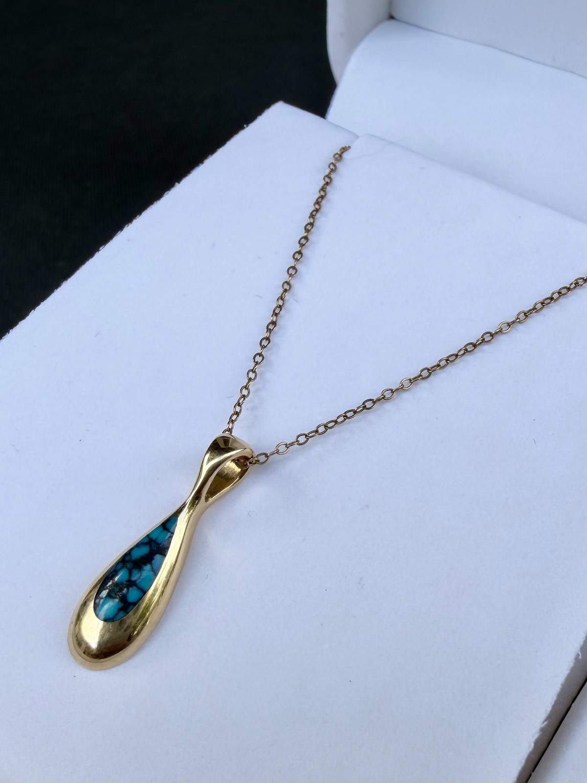 Estate Kabana 14k Yellow Gold Turquoise Teardrop Pendant & 14k Chain Necklace
