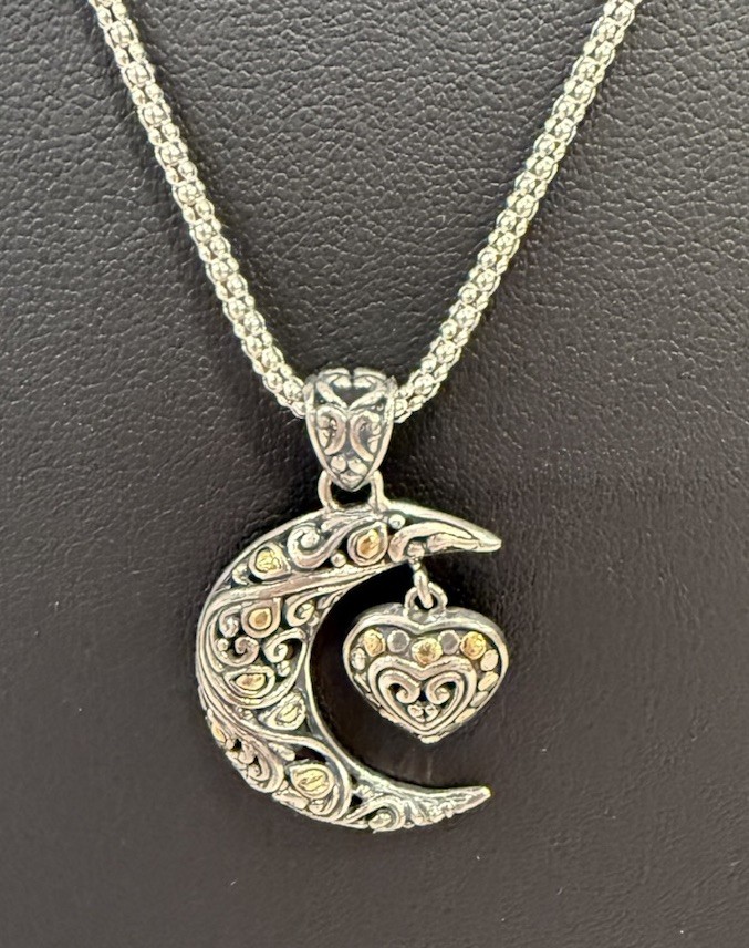 ATI 925 Silver 14K Gold Heart Moon Pendant Celestial Love Theme Necklace Charm