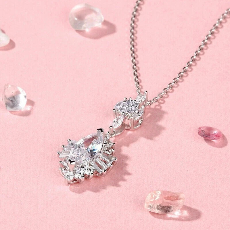 2Ct Marquise Cut Diamond Halo Pendant 14K White Gold Finish Free 18″ Chain