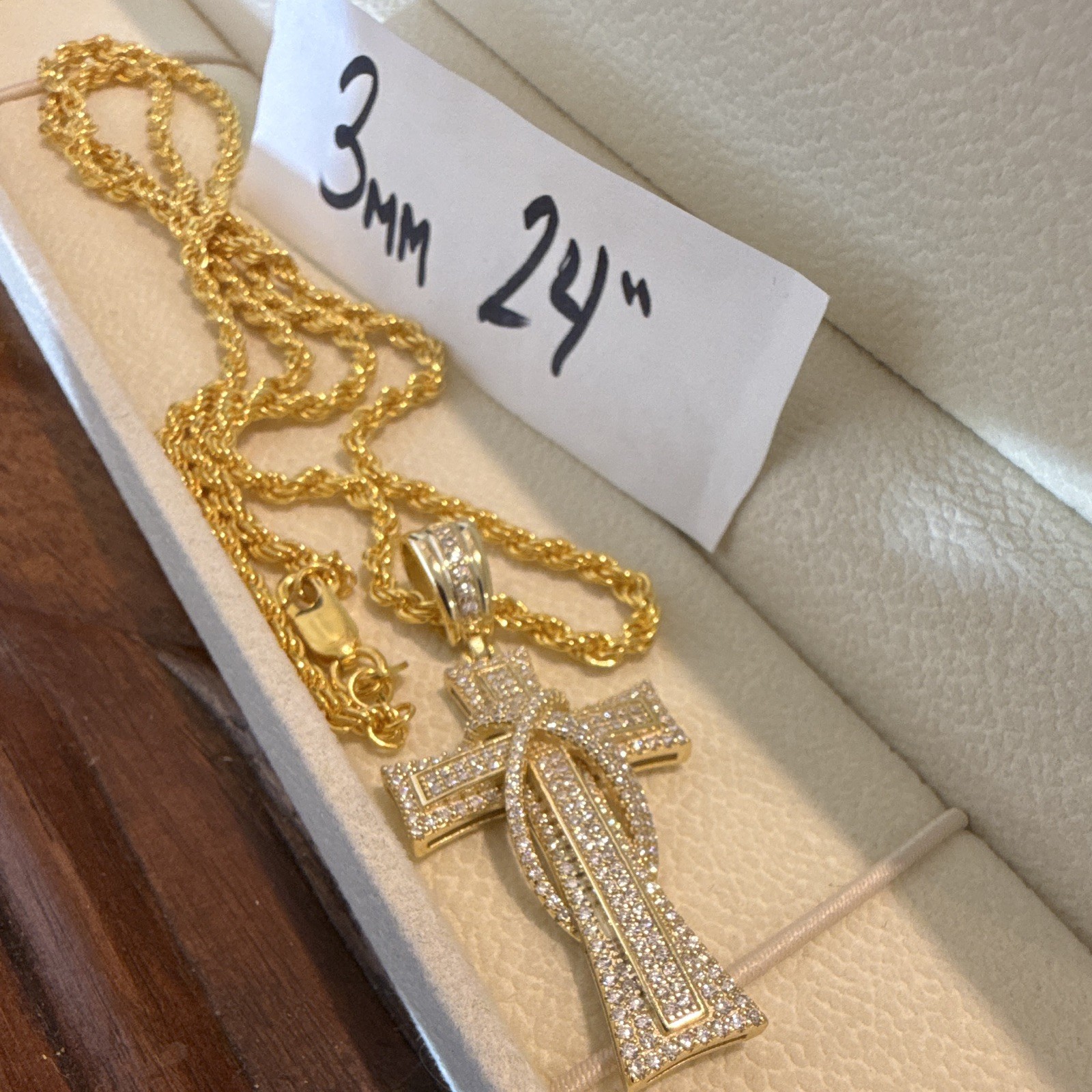 3mm 24” Rope Chain (25g) SOLID 925 14k Gold Over w Moissanite Cross Pendant