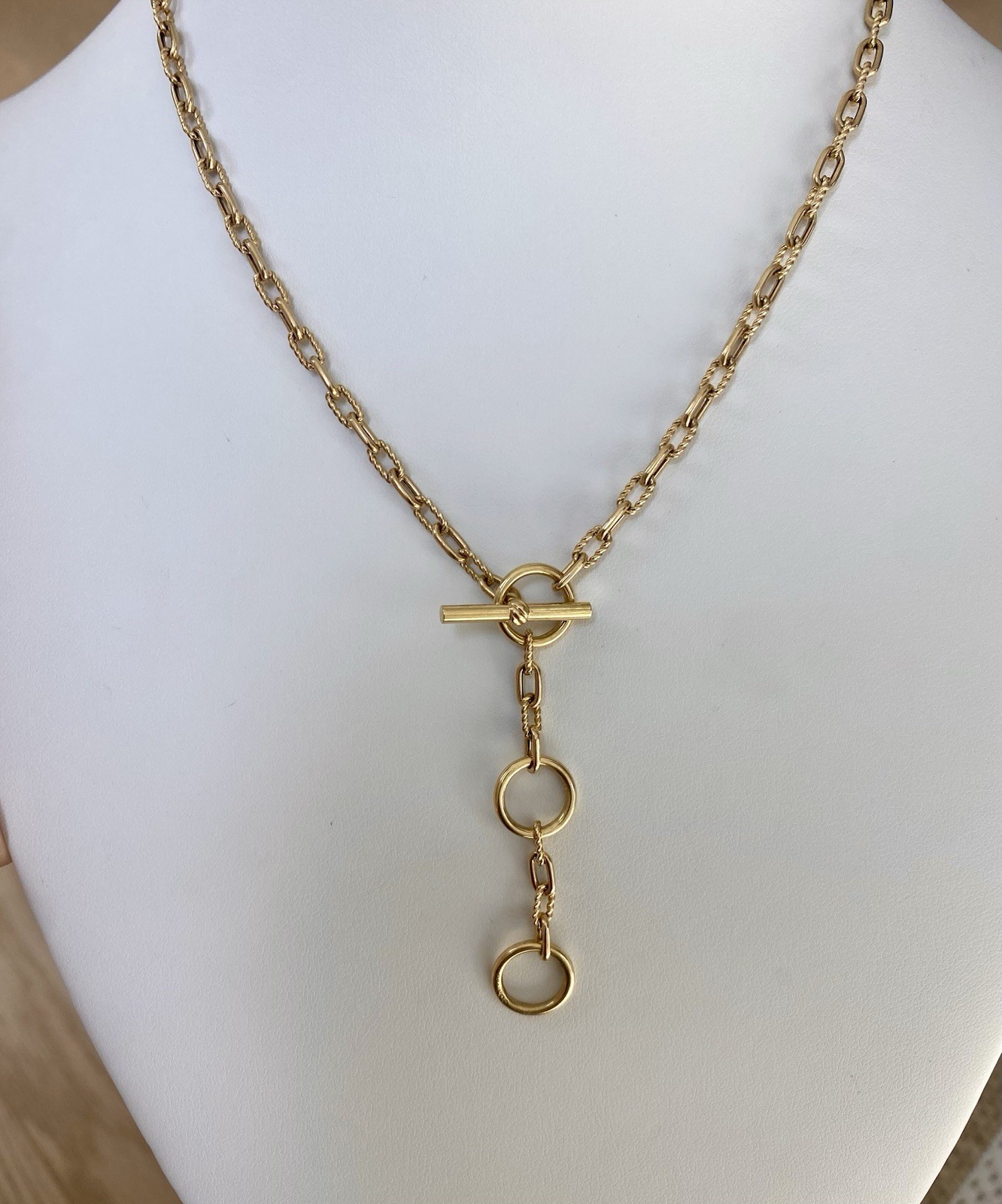 David Yurman 18K Gold Madison Necklace 3mm 17” Toggle 3 Ring Amulet Holder $4400