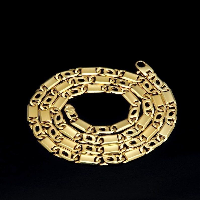 14K Yellow Gold Tiger Eye Link Chain 24 Inches 7MM Width Solid Gold