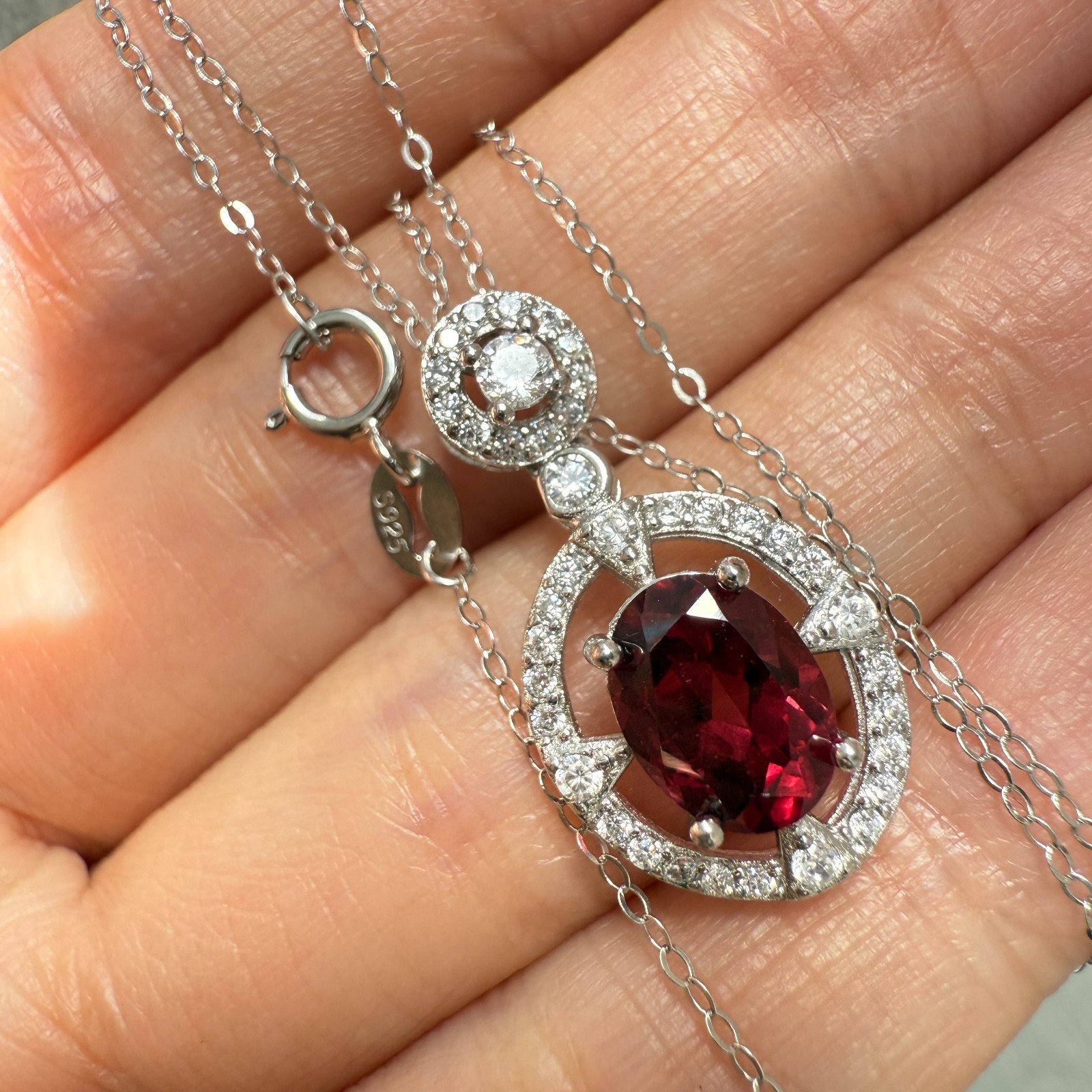 925 Sterling Silver Necklace 8x6mm Natural Garnet Zircon Flower Handmade Chain