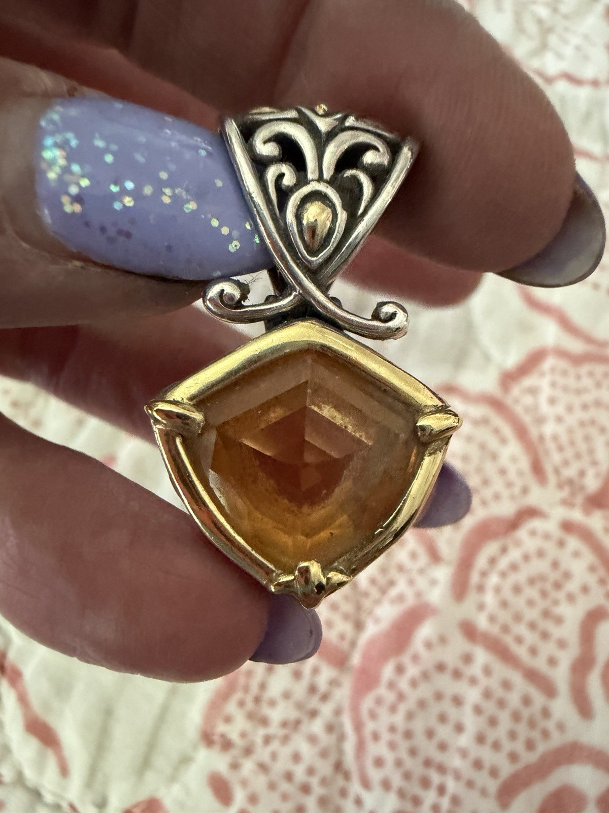 John Hardy citrine pendant W/intricate filigree sterling silver & 18K gold