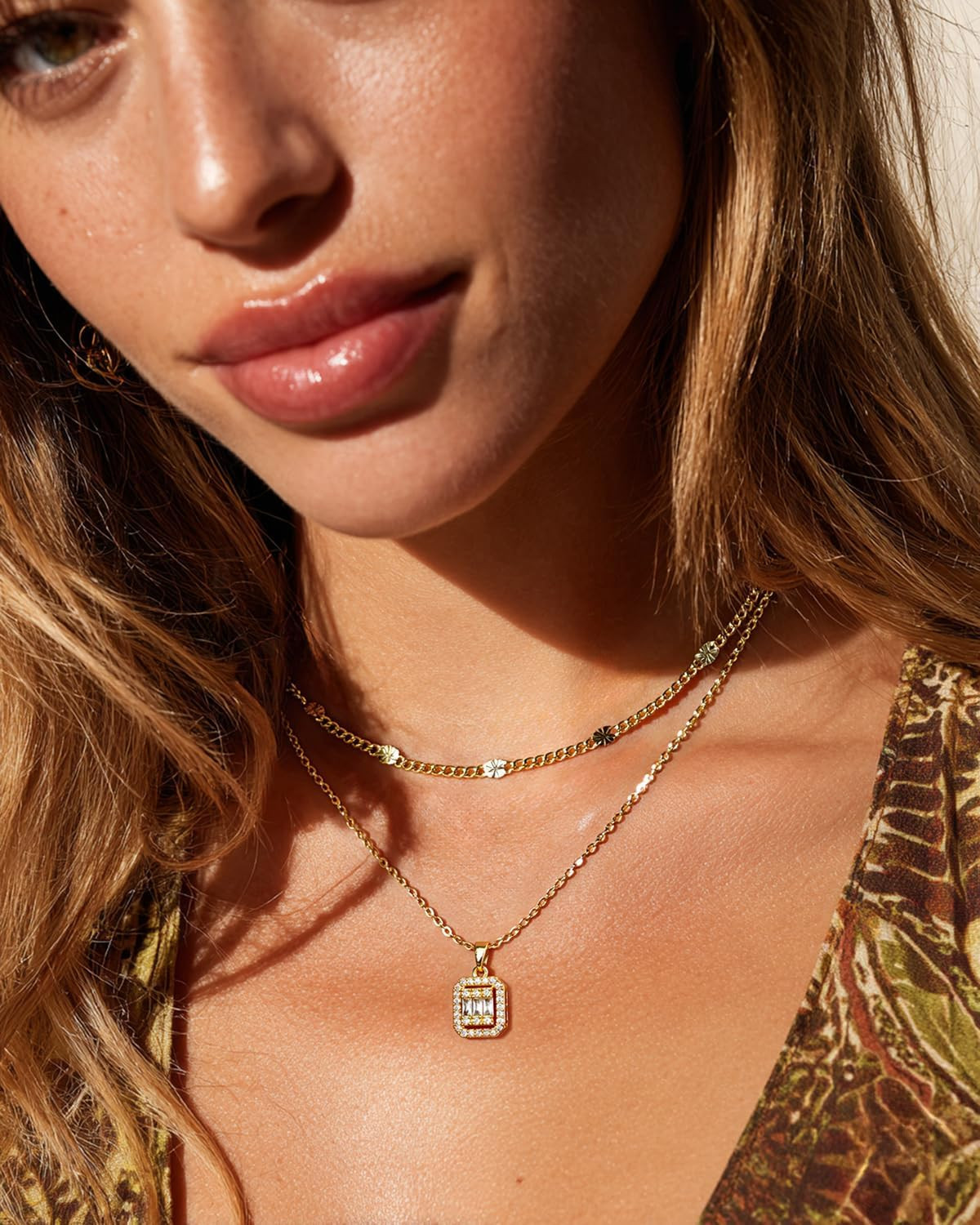 Dainty Pendant Gold Necklace for Women Layered 14K Diamond Pendant Gold Plated N