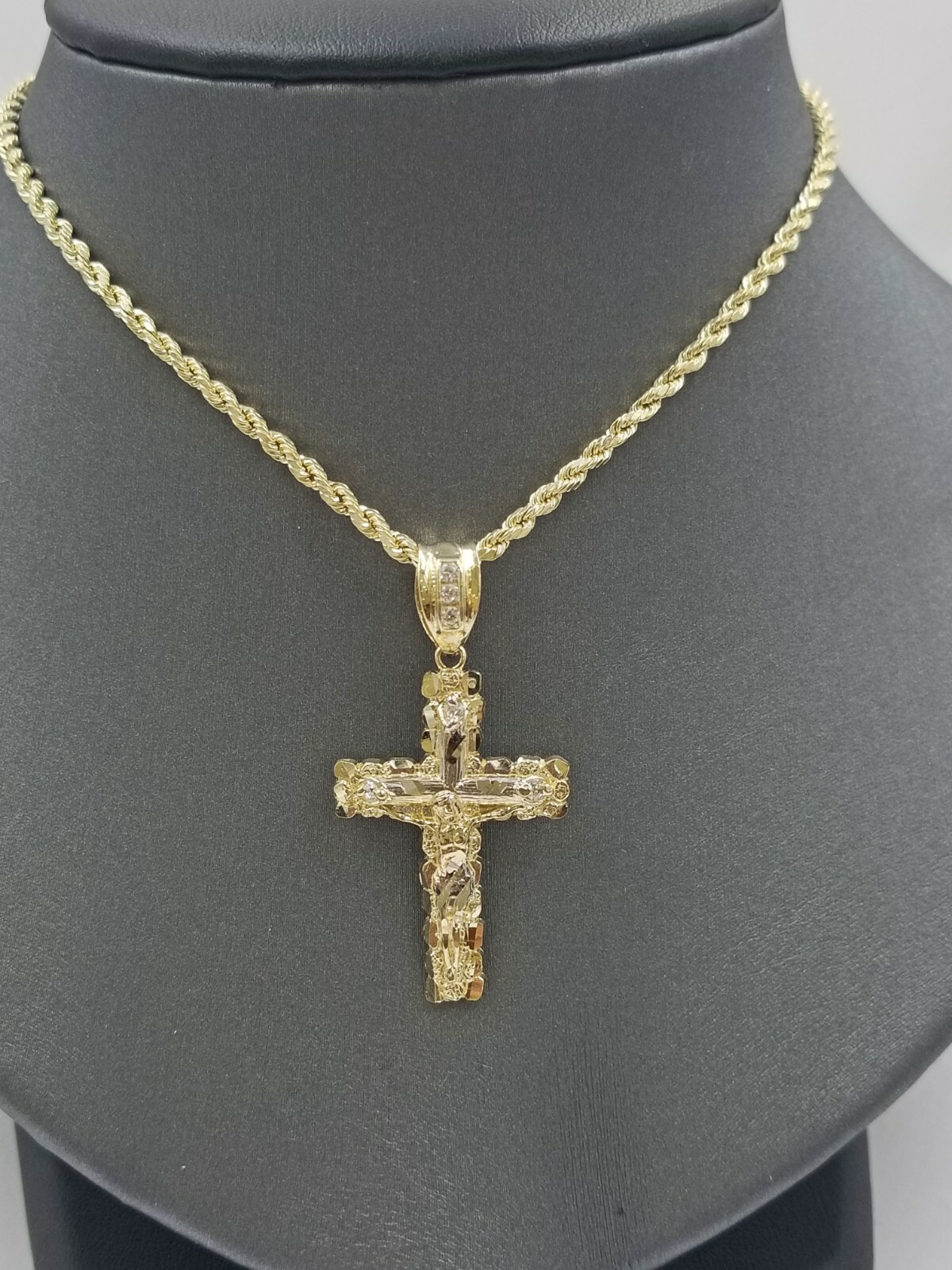 10k Yellow Gold Cross Pendant Diamond Cut Jesus REAL Crucifix Free Shipping