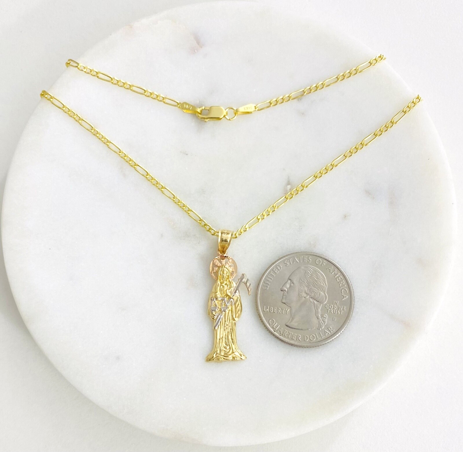 14K SOLID GOLD GRIM REAPER 18″ NECKLACE, 14K SOLID GOLD 34mm SANTA MUERTE – PT97