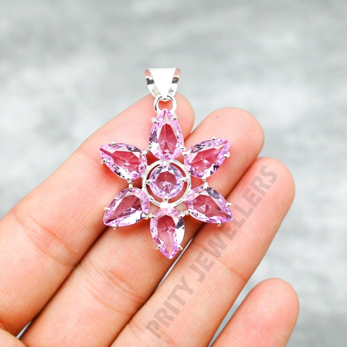 Pink Kunzite Flower Pendant 925 Sterling Silver Handmade Gemstone Jewelry Gift