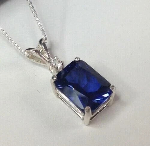 2.50Ct Emerald Cut Lab Created Blue Sapphire Pendant 14K White Gold Plated