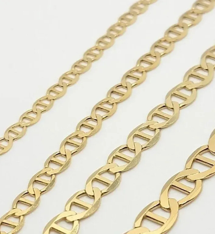 10K Solid Yellow Gold Mariner Link Chain Bracelet Necklace 3.2mm~6mm Size 7″~26″