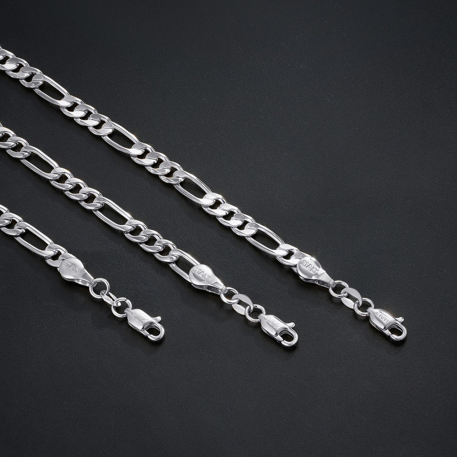 Silver Figaro Chain Necklace for Men & Women, 925 Sterling Silver, Diamond Cut,