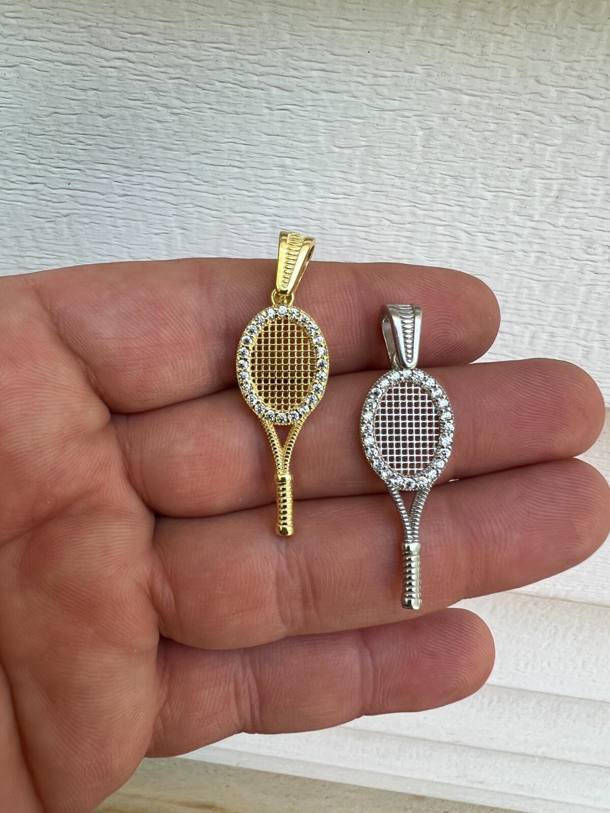 Real 925 Silver 14k Gold Plated Tennis Racket Pendant Necklace Mens Ladies CZ