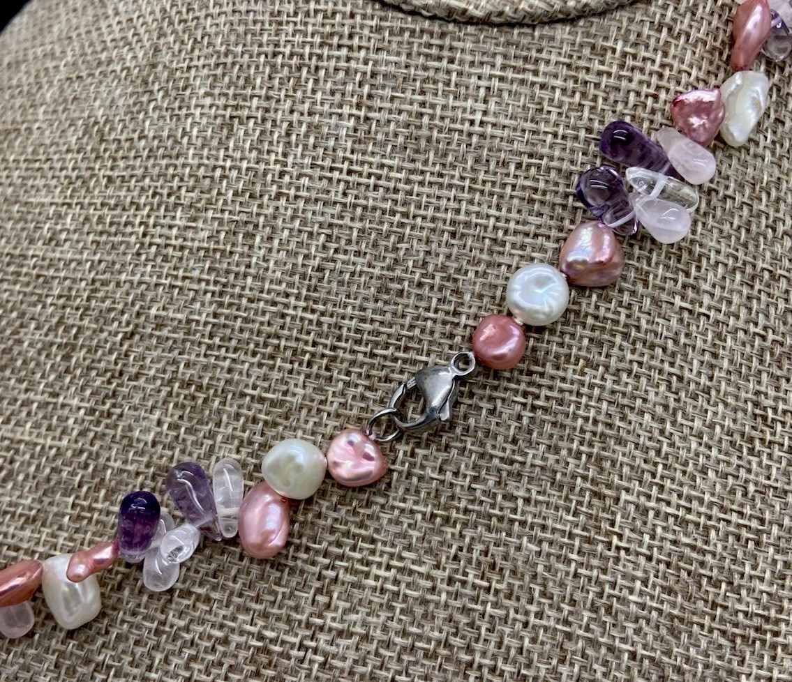 Honora Sterling Silver Keshi Pearl & gemstone pieces necklace new in pouch