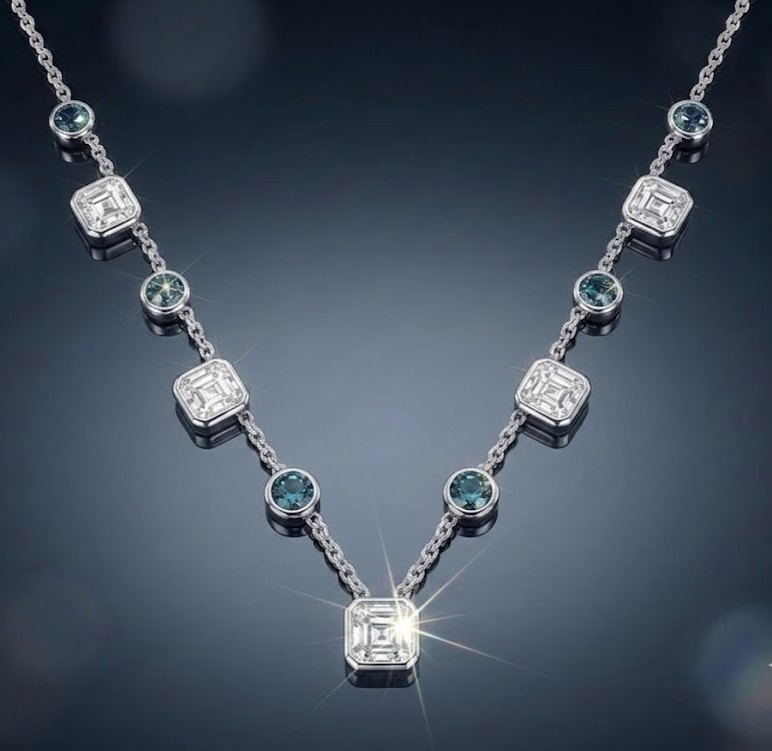 2.75 Ct White & Blue Diamond Chain Necklace-Great luster ! Free Tariffs & Studs.