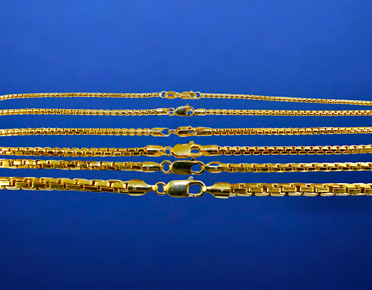 14K Yellow Gold 1.5mm-5mm Venetian Round Box Chain Necklace Real Gold 16″-30″
