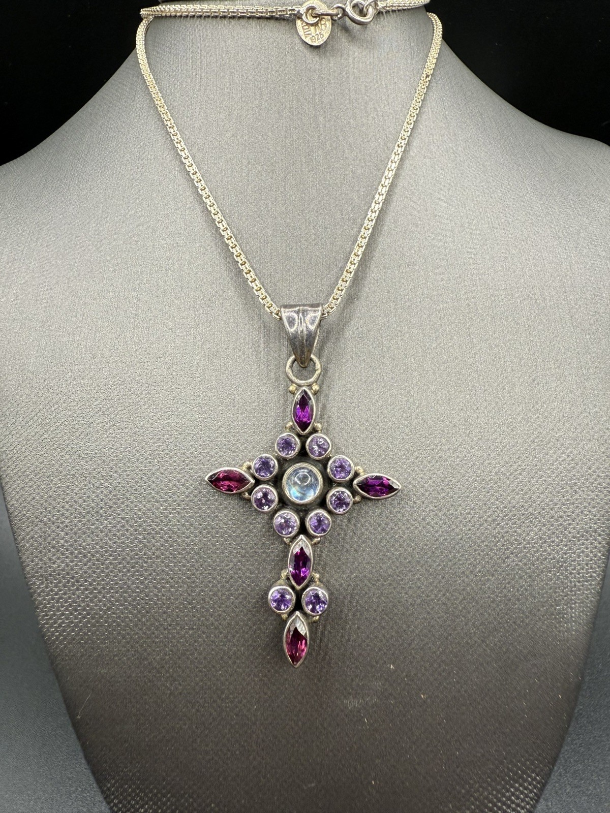 Sterling silver Nicky Butler gemstone cross pendant necklace original chain