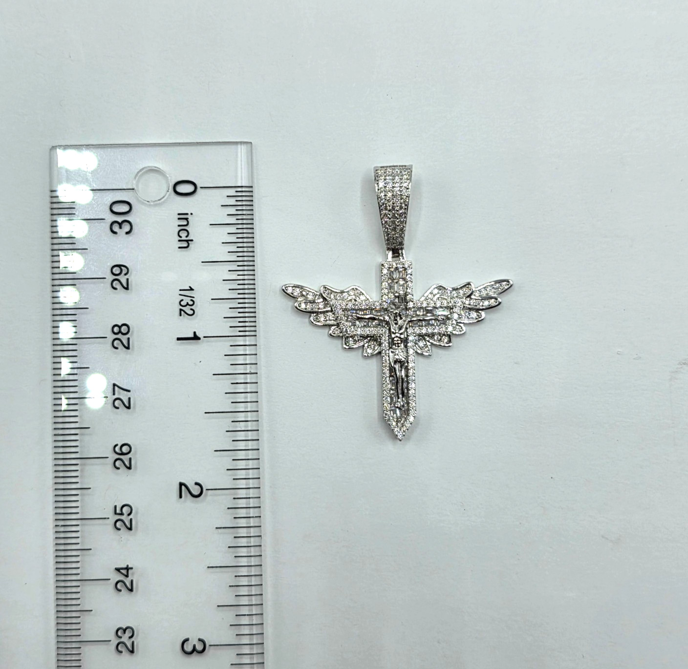 Moissanite Jesus Crucifix Cross Angel Wings Pendant 925 Sterling Silver Lrg Bail