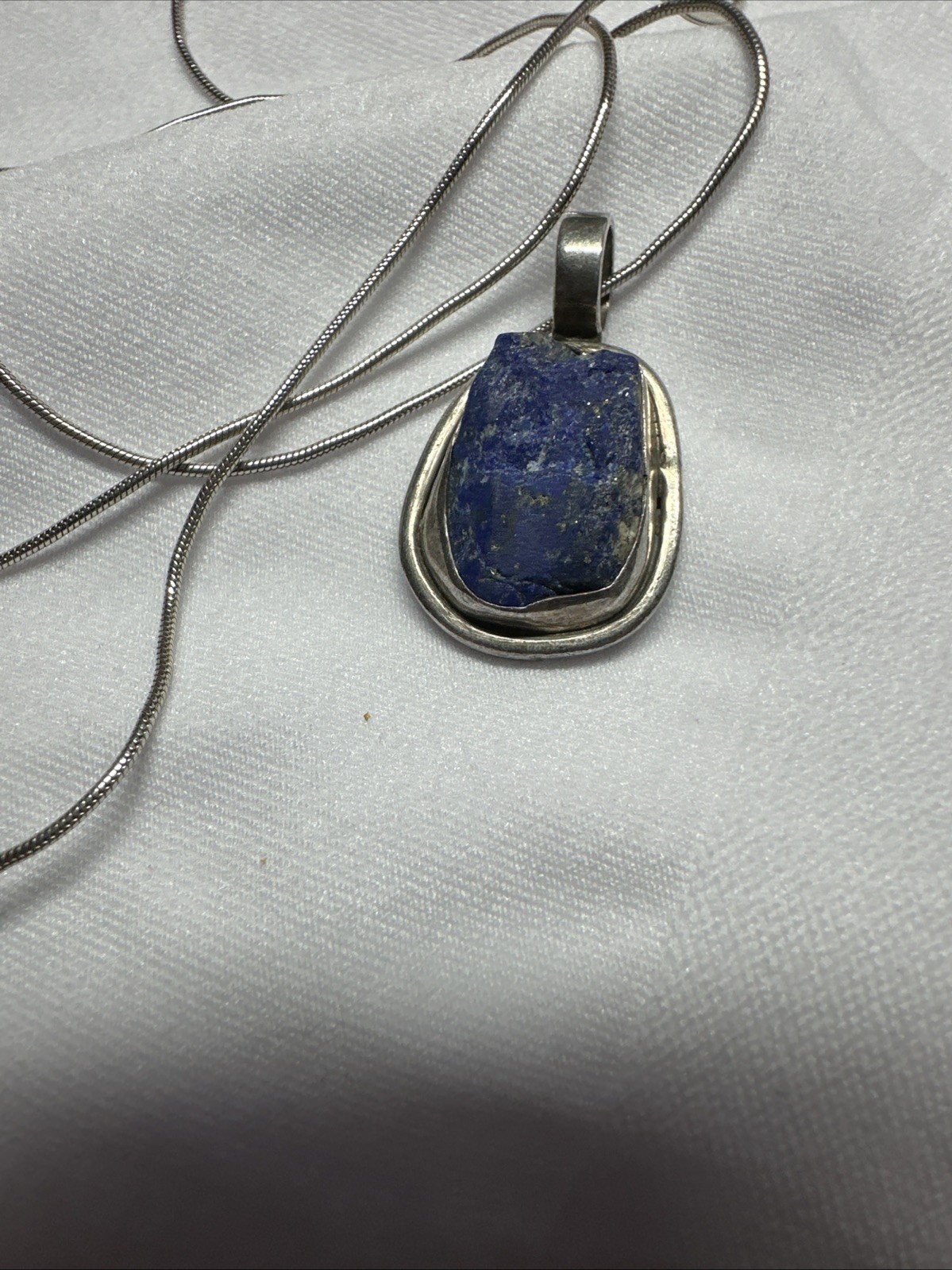 Sterling Silver Raw Lapis Lazuli Pendant on 46cm Snake Chain – 925 – 3cm Pendant