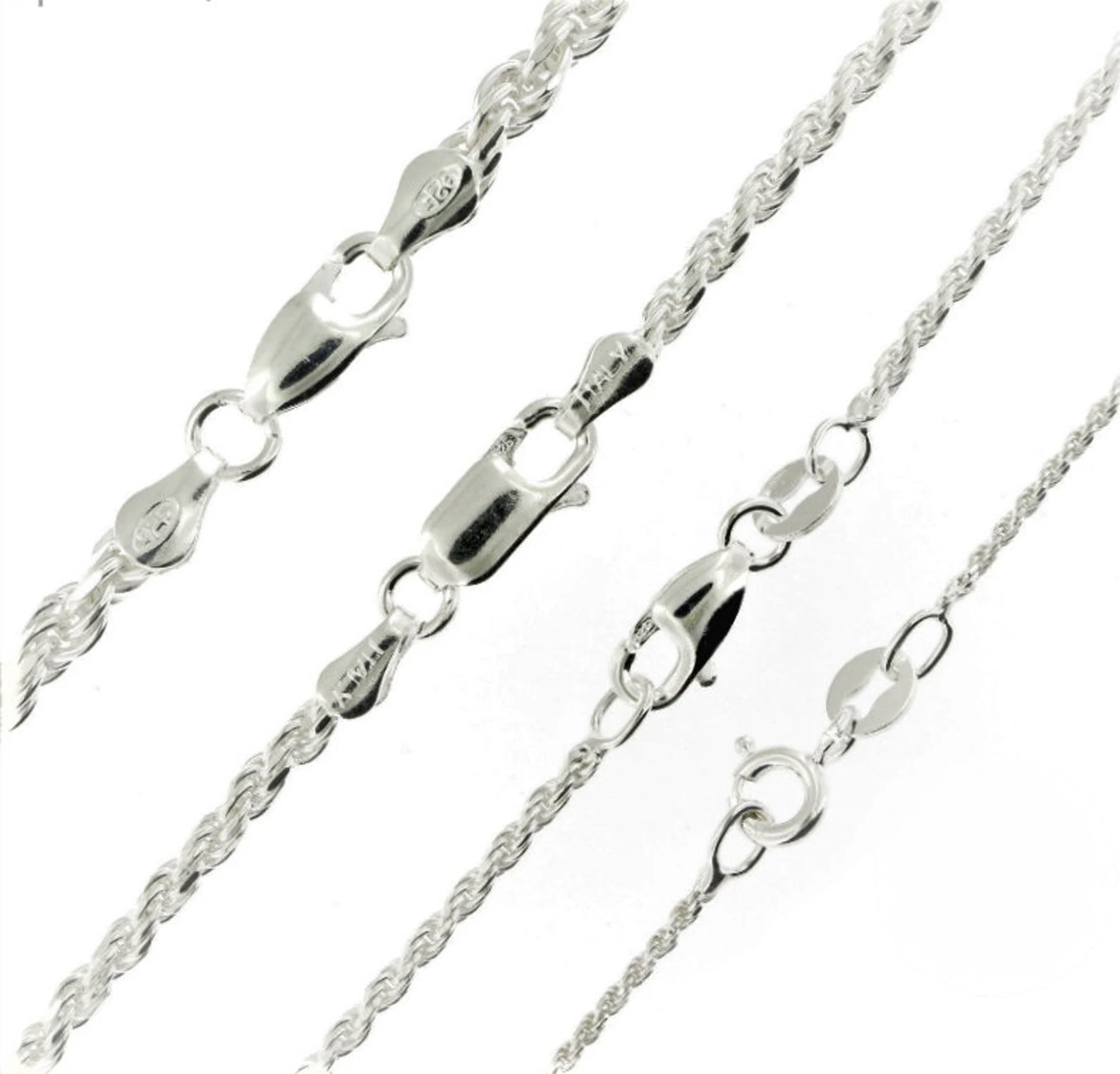 Italian Solid 925 Sterling Silver Rope Chain Link Necklace Silver Mens Womens