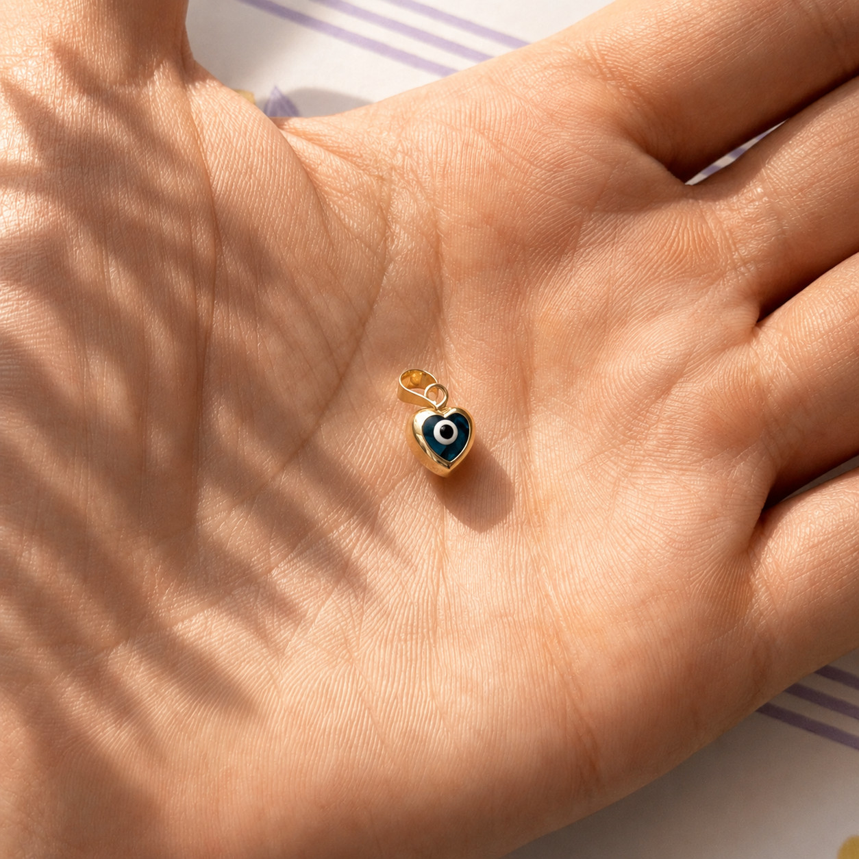 Real Solid 14K Yellow Gold Evil Eye Heart Charm Pendant, Blue Enamel, Gift